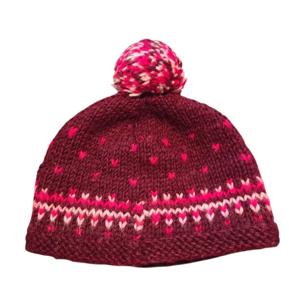 Sherpa Adventure Gear Knit Pom Beanie Hat Burgundy Pink Geometric Fleece L/XL